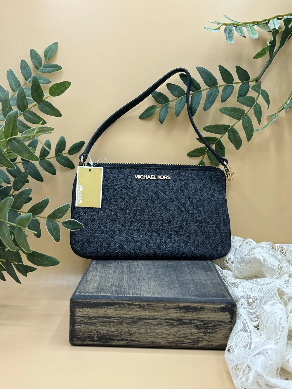 NWT Michael Kors Black Logo Zip Wristlet with Gold Hardware